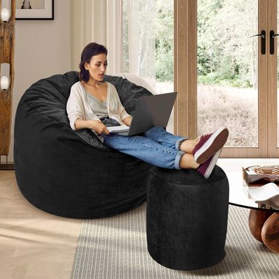 American Century Home Memory Foam Bean Bag Chair, Oversized Sofa for Adults, Teens & Kids, Removable Velvet Cover, Ultra Comfortable for Gaming, Bedroom, Living Room, or Dorm(Black, 4ft w/Footstool)