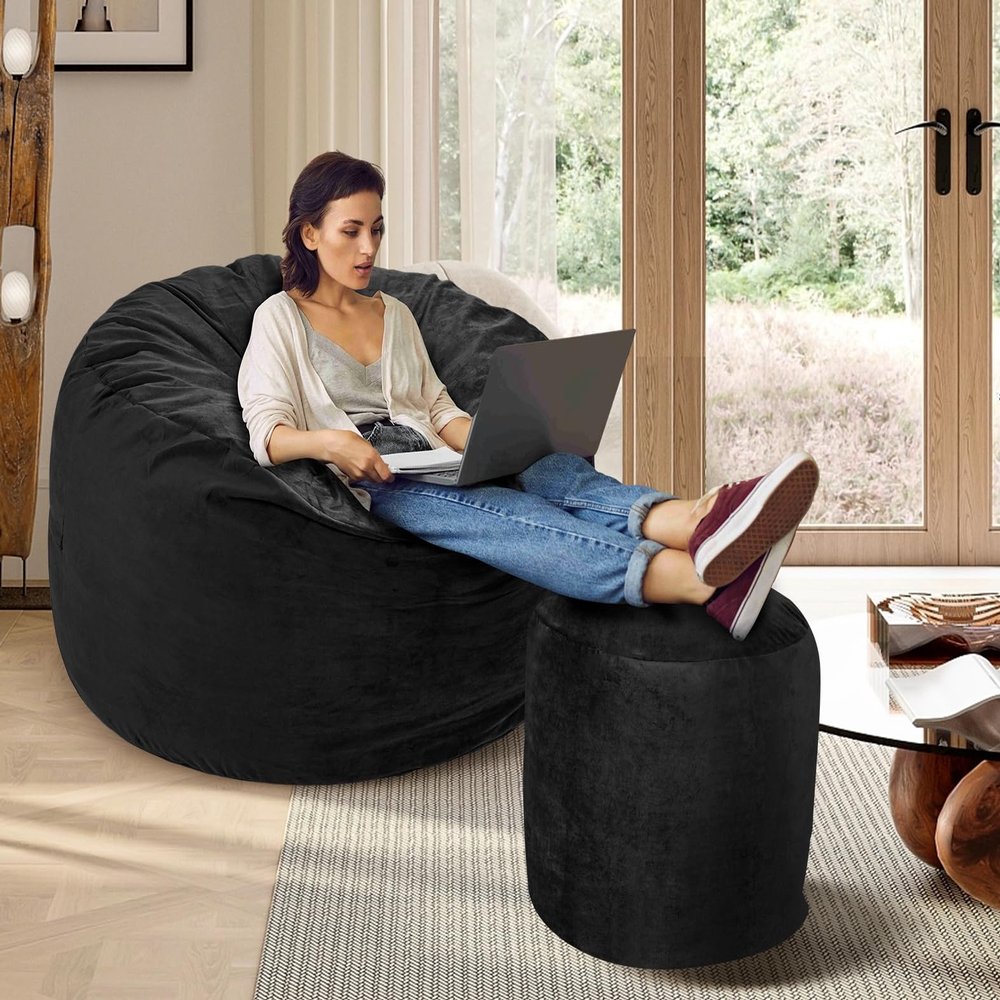 American Century Home Memory Foam Bean Bag Chair, Oversized Sofa for Adults, Teens & Kids, Removable Velvet Cover, Ultra Comfortable for Gaming, Bedroom, Living Room, or Dorm(Black, 4ft w/Footstool)