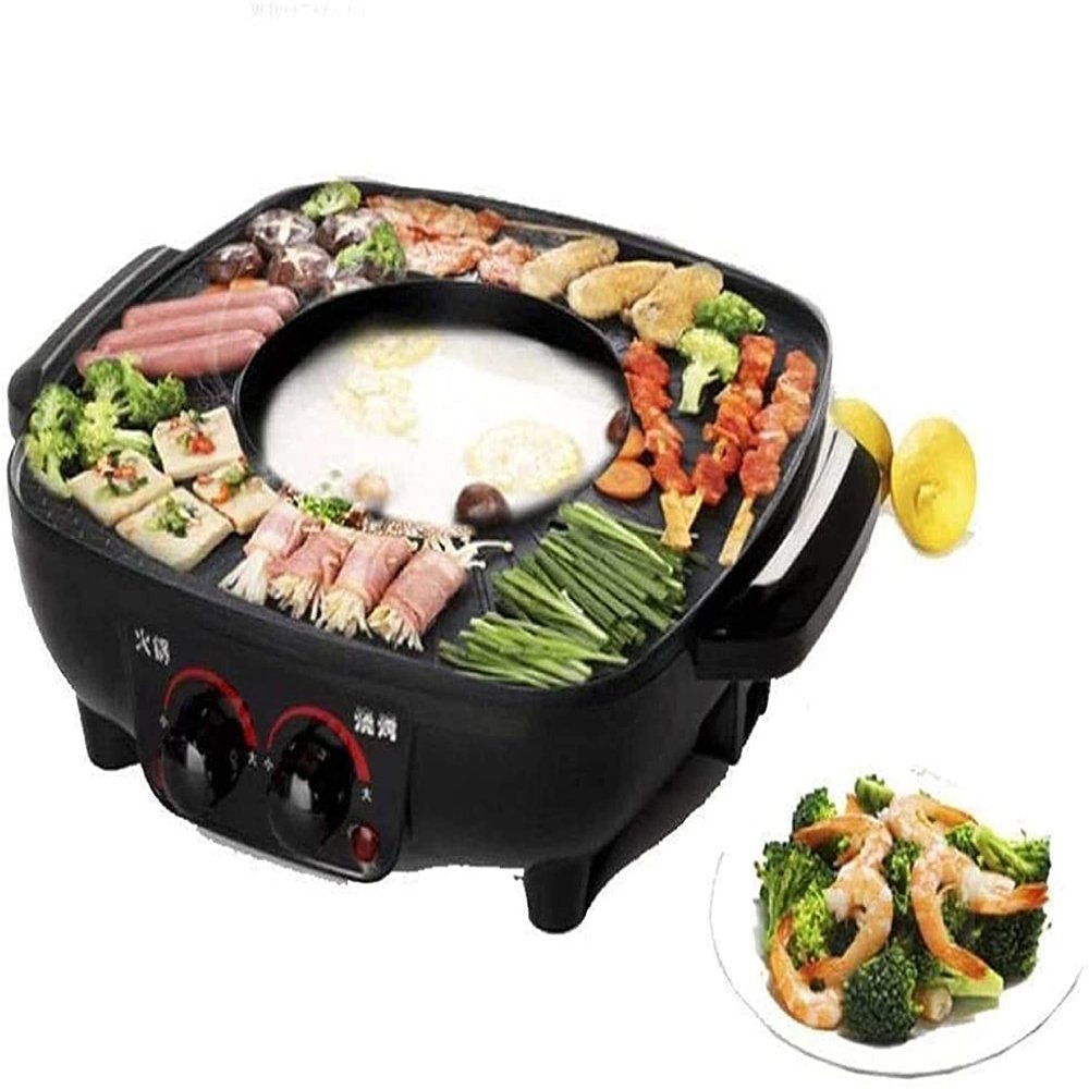 Electric BBQ Grill Indoor Electric Grill Square Black Dual Control Soup Roast Smoke Free Non-Stick Pan Electric Baking Pan Household Barbecue Dish Electric Hot Pot 1500W [Energy Class A],Port