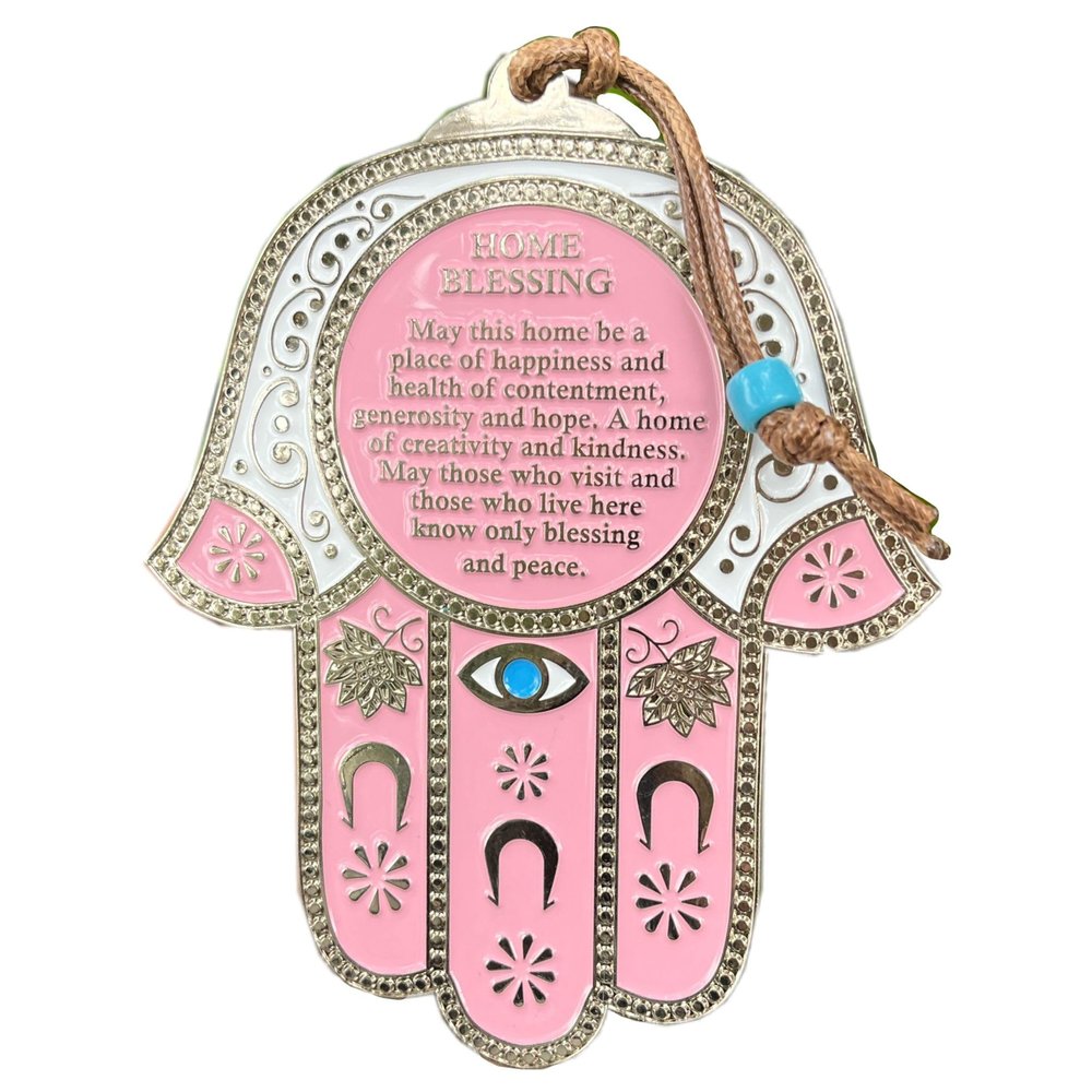 A&S Mezuzot Hamsa Hand Evil Eye Charm- Wall Dcor Protection English/Hebrew Blessings Amulet Home/Business Good Luck Charms (Pink, English Blessing)
