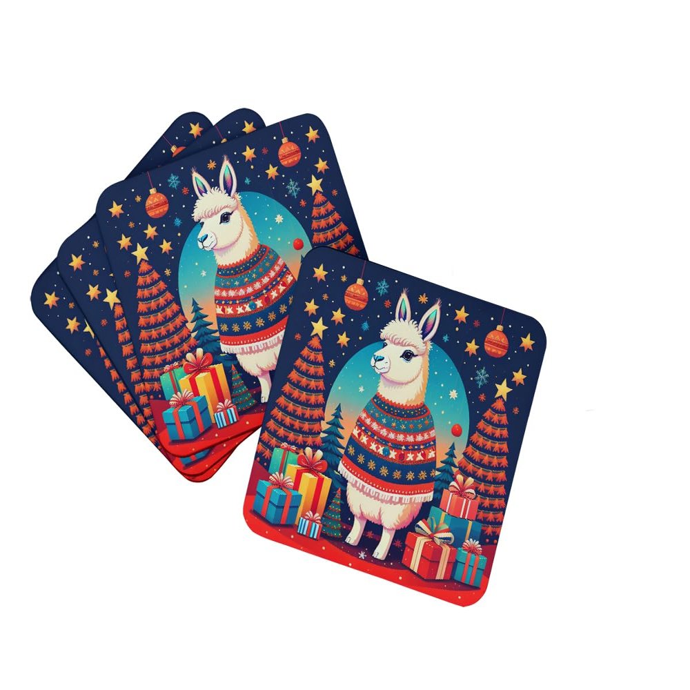 Caroline's Treasures Llama Christmas Foam Coaster Set of 4 Cup Coasters for Indoor and Outdoor, Coaster for Tabletop Protection, Anti Slip, Mouse pad Material