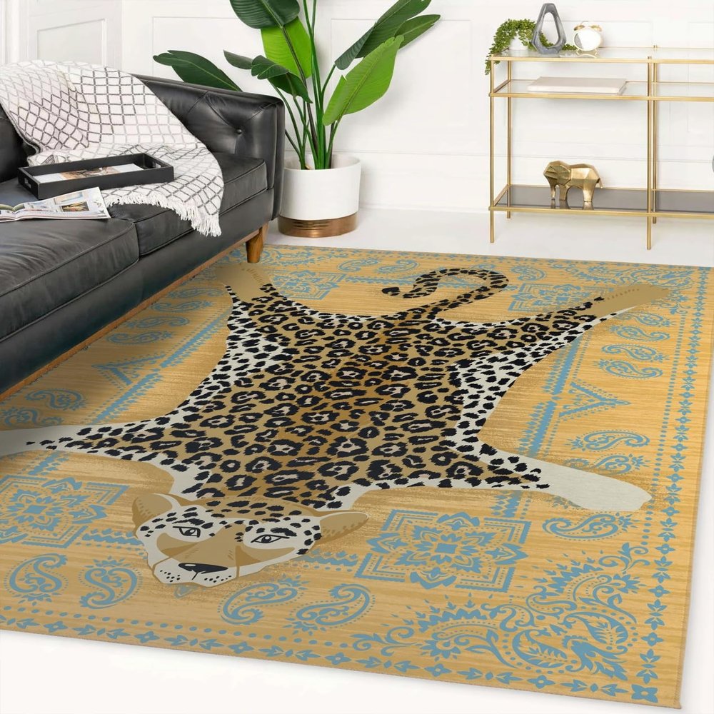 Mid Century Modern Spotted Leopard Print Area Rug Blue Red Wildlife Collection Rug for Livingroom Bedroom Diningroom Soft Foldable Washable Stain Reistant Carpet 9x12