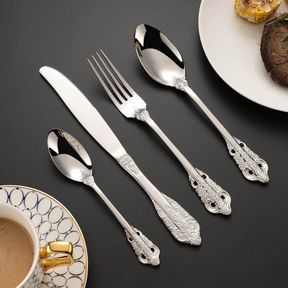 24 Piece Silverware Set Service for 6,court Retro Steel Flatware Set,Mirror Polished Cutlery Utensil Set,Durable Home Kitchen Eating Tableware Set,Include Fork Knife Spoon Set,Dishwasher Safe