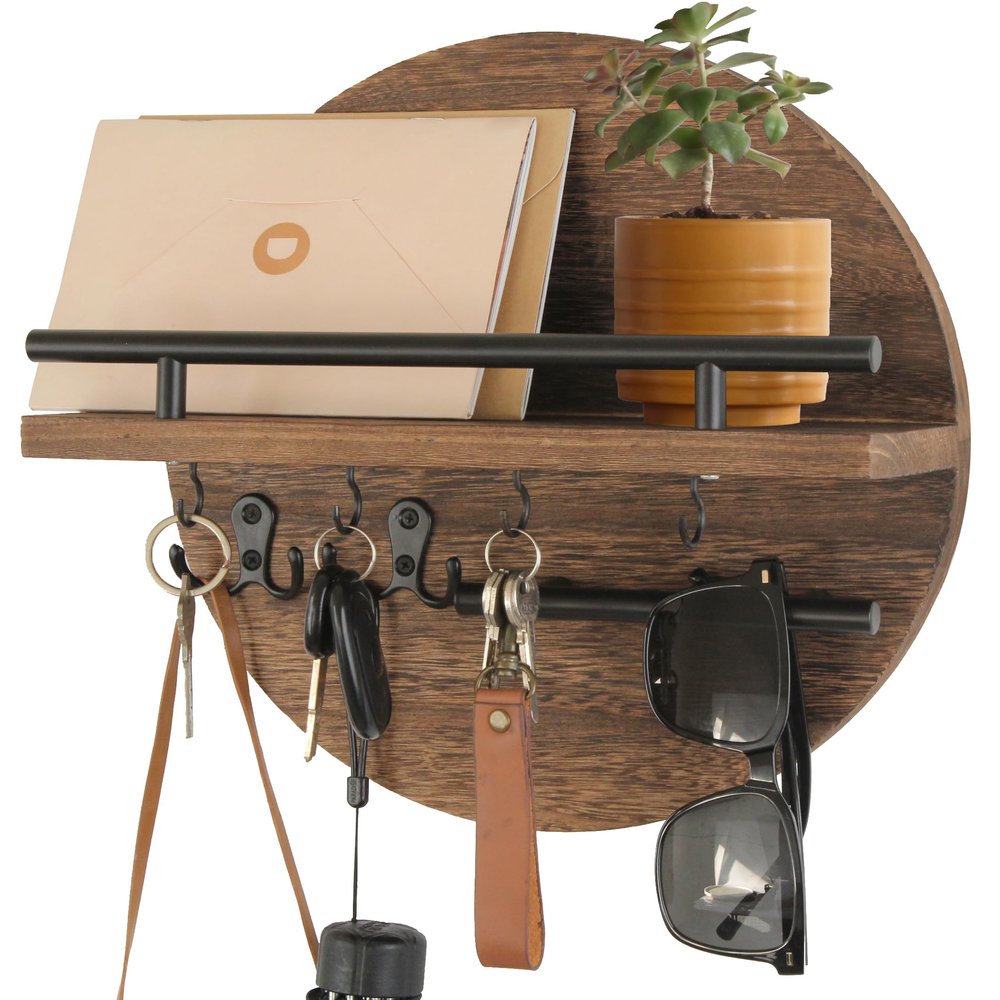 Gurfuy Key Holder for Wall with Shelf - Wood Mail Organizer and Rack with Shelf Hooks Wall Mounted for Entryway Decor Magazines Letter Storage Farmhouse Living Room Bedroom Doorway (Rustic Brown)