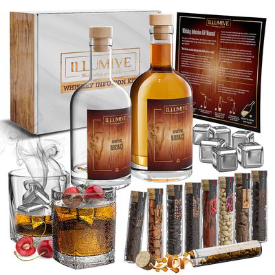 Illumive Whiskey Infusion Kit Deluxe Whiskey Gift Set with 2 Glasses, 2 Customizable Bottles, 6 Whiskey Stones, 3 Wood Chips & Botanicals Create Your Own Flavors for Whiskey Lovers