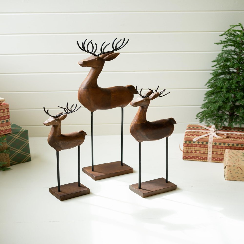 Carved Wood and Iron Reindeer on Bases