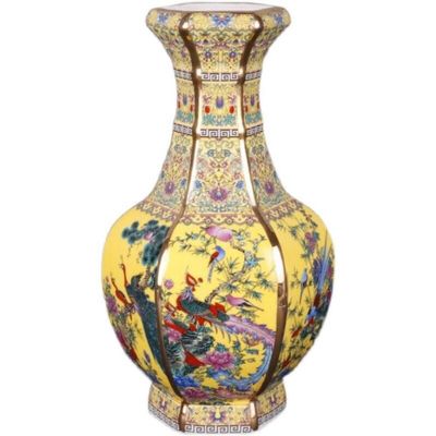 YTDJJWLS 10.2" Chinese Enamel Porcelain Qing Qianlong Yellow Bird Flower Hexagon Vase