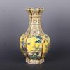 YTDJJWLS 10.2" Chinese Enamel Porcelain Qing Qianlong Yellow Bird Flower Hexagon Vase view 4