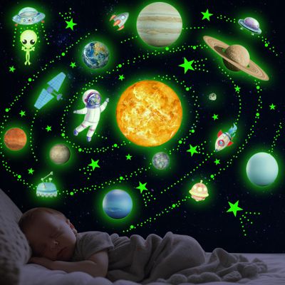 Glow in The Dark Stars Solar System Wall Decals, Star and Planets Stickers for Ceiling, Wall Sticker Decor for Kids Boys Room (Green)
