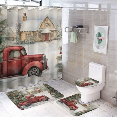 4Pcs Red Vintage Truck Shower Curtain Sets for Bathroom,Classic Chalet Winter Western Classical Shower Curtain,Non-Slip Bathroom Rugs,Lid Toilet Cover,Bath Mat,Bathroom Decor Set Accessories