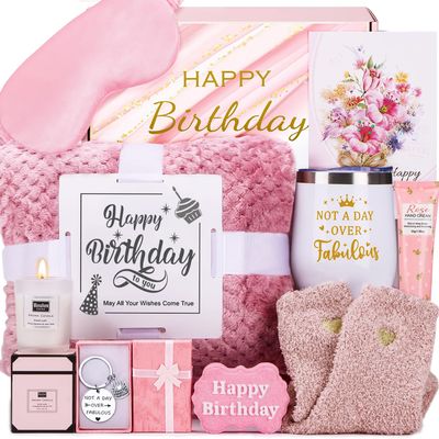 Birthday Gifts for Women, Happy Birthday Gifts for Her, Mom, Sister, Best Friend, Girlfriend, Coworker, Wife Bday Gift Ideas, Unique Relaxing Spa Birthday Gift Basket for Women Care Package w/Blanket