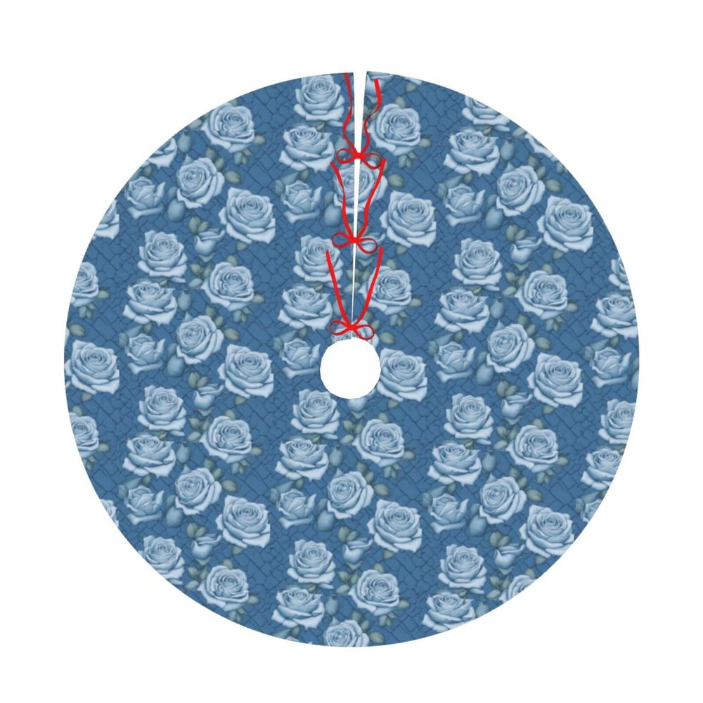 Christmas Tree Skirt 30" Plush Tree Skirt Christmas Tree Decorations for Farmhouse Xmas Holiday Home Party Decor Beautiful Roses On Blue Background