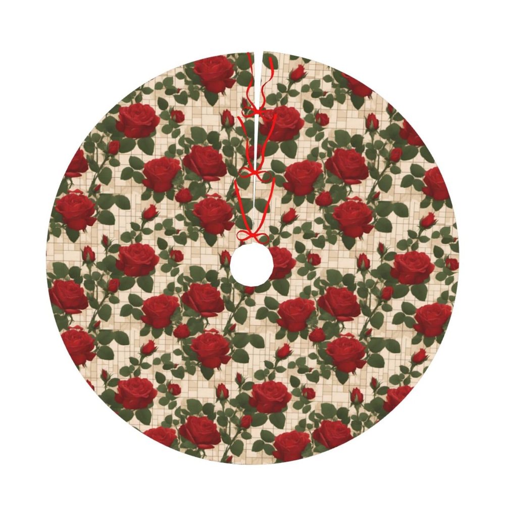 Christmas Tree Skirt 30" Plush Tree Skirt Christmas Tree Decorations for Farmhouse Xmas Holiday Home Party Decor Many Red Roses