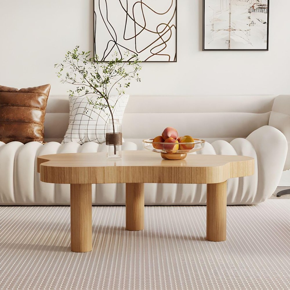 KWOKING Solid Wood Single Coffee Table 3 Legs Free-Form Special-Shaped Table White Cloud Pine Wood Coffee Table Sofa Table Small Side Tea Table Irregular Wooden Low Table Natural 24"L x 14"W x 16"H