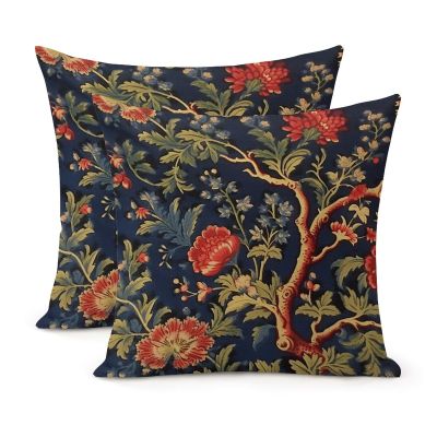 MangGou Chinoiserie Floral Pillow Case Navy Blue Burgundy Gold Throw Pillow Covers Set of 2 Asian Inspired Cushion Cover 22x22in Accent Pillowcase Decor for Bedroom Living Room Sofa