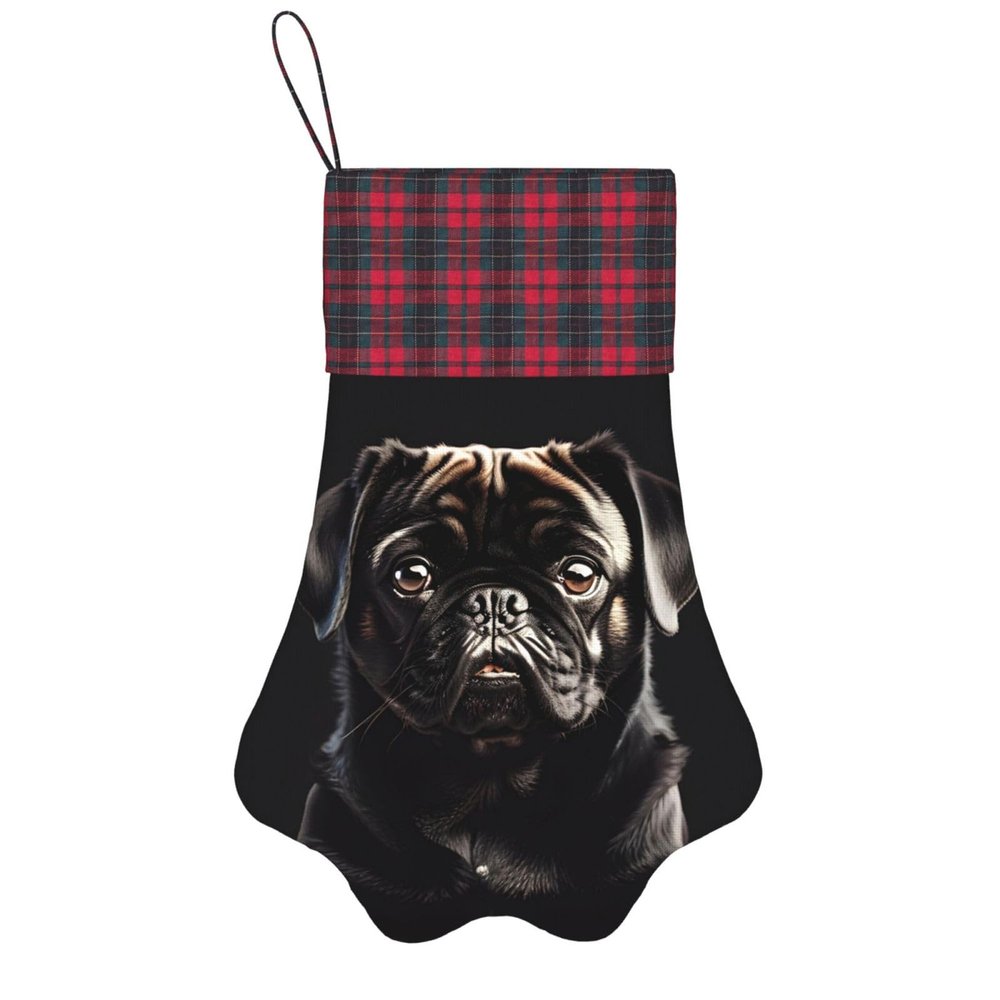 Personalized Dog Christmas Stocking Vibrant Colors, Hanging Loop, Unique Paw Design - Perfect for Gift Bags Cute Black Pug Dog
