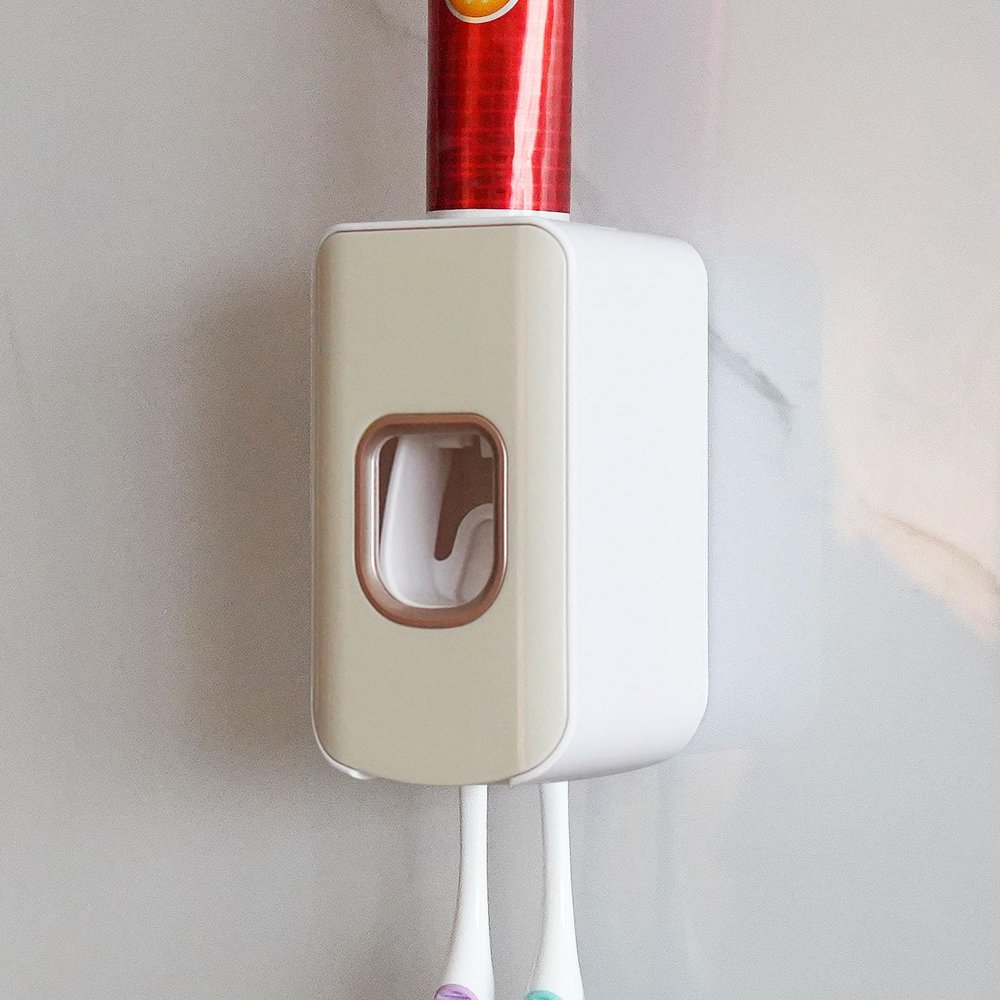 2 Slot Toothbrush Holder and Toothpaste Dispenser Wall Mounted, Automatic Toothpaste Squeezer, 2 in 1 Tooth Brush Toothpaste Organizer for Shower (Ivory Yellow)