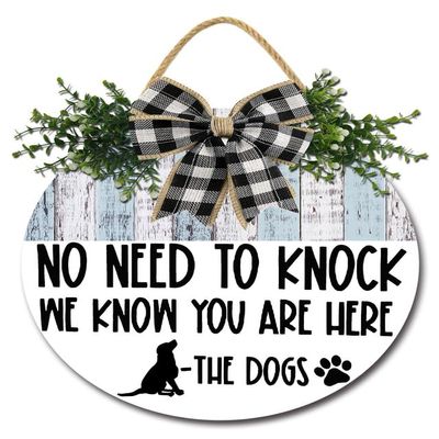 Sokomurg Dog Welcome Sign No Need to Knock We Know You're Here Door Sign Rustic Front Door Wreath for Dog Lovers Housewarming Gift Farmhouse Home Wall Art Decor 12"