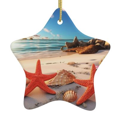 Christmas Tree Ceramic Hanging Pentangle Christmas Ornament with Gold Ribbon Sand Beach Starfish Ceramic Ornaments for Home Star Shape Crafts Christmas Tree Decorations for Holiday