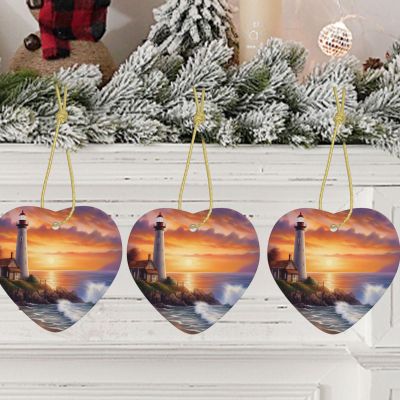 Christmas Tree Ceramic Hanging Round Christmas Ornament with Gold Ribbon Lighthouse at Sunset Ceramic Ornaments for Home Round Crafts Christmas Tree Decorations for Holiday