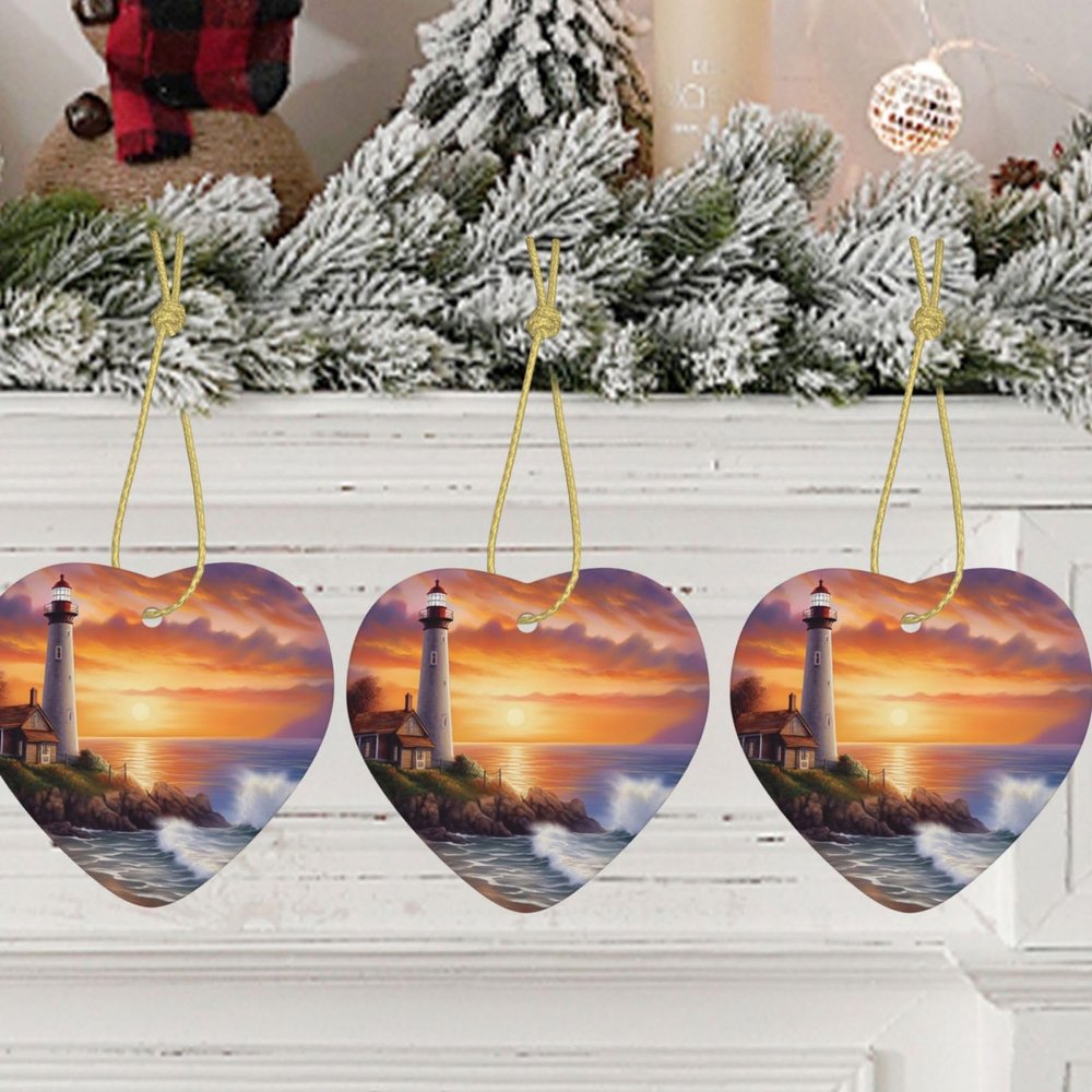 Christmas Tree Ceramic Hanging Round Christmas Ornament with Gold Ribbon Lighthouse at Sunset Ceramic Ornaments for Home Round Crafts Christmas Tree Decorations for Holiday