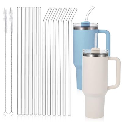 [12 Pcs] Replacement Glass Straws for Stanley - Compatible with Stanley 40 oz 30 oz Cup Tumbler,12" x 10mm Reusable Clear Glass Straw with 2 Cleaning Brush for Cup Accessories