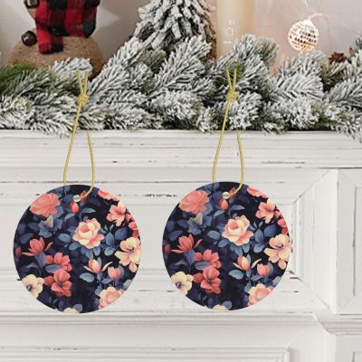 Christmas Tree Ceramic Hanging Round Christmas Ornament with Gold Ribbon Vintage Floral Ceramic Ornaments for Home Round Crafts Christmas Tree Decorations for Holiday