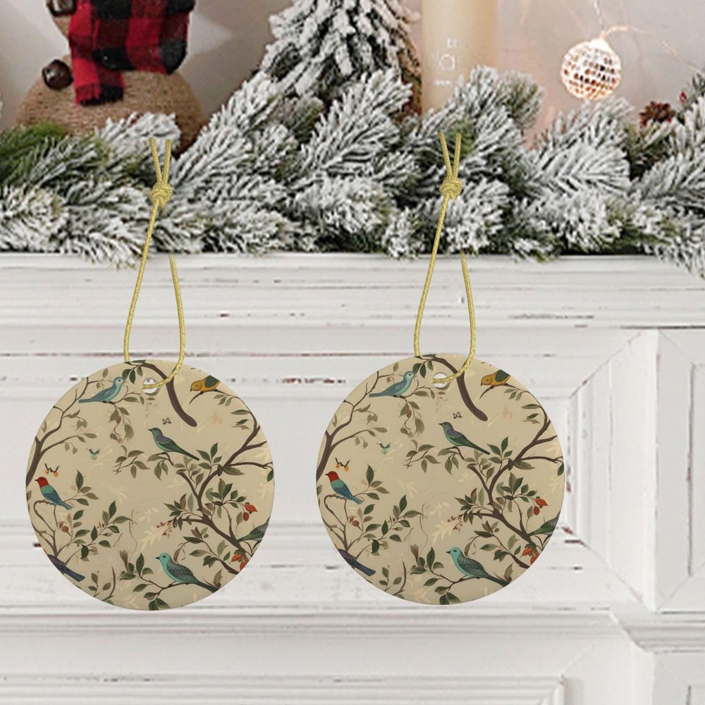 Christmas Tree Ceramic Hanging Round Christmas Ornament with Gold Ribbon Bird on Branch Ceramic Ornaments for Home Round Crafts Christmas Tree Decorations for Holiday
