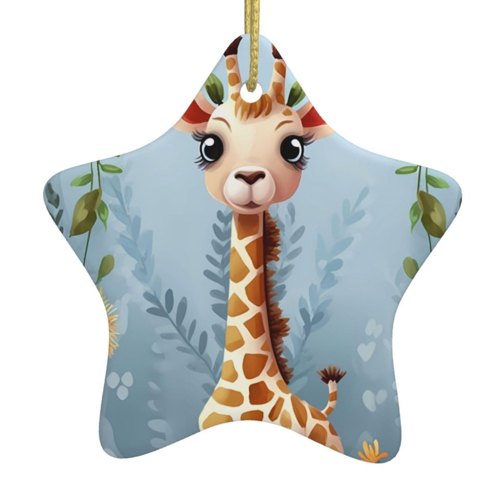 Christmas Tree Ceramic Hanging Pentangle Christmas Ornament with Gold Ribbon Cute Giraffe Flowers Ceramic Ornaments for Home Star Shape Crafts Christmas Tree Decorations for Holiday