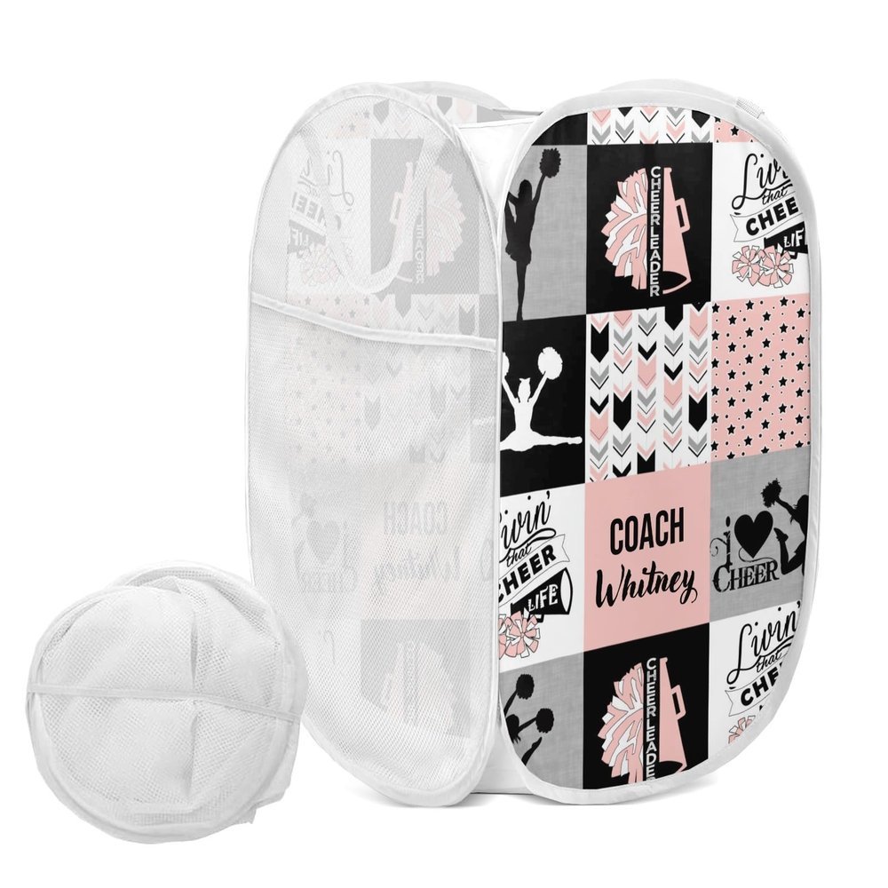 Peach I Love Cheer Cheerleader Laundry Hamper, Foldable Pop-up Mesh Hamper Dirty Clothes Basket Collapsible for Storage With Durable Handles