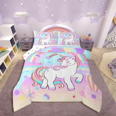 Erosebridal Unicorn Queen Bedding Sets for Girls Cute Rainbow Unicorn Comforter Set Bedroom Decor for Girls White Horse Duvet Set Ombre Bedding Stars Fantasy Down Comforter Reverse 3Pcs