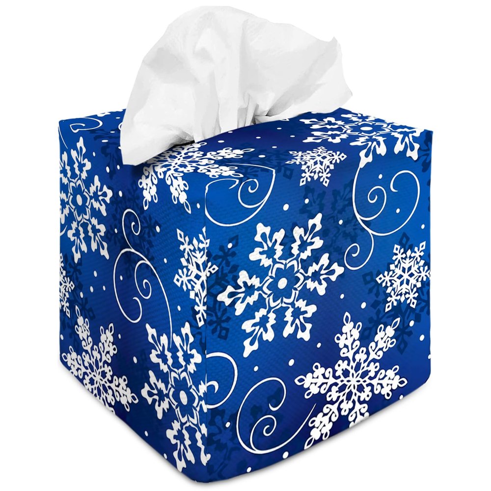 Tissue Box Cover Square Decorative Tissue Box Holder Cute Funny Cube Tissue Case Cover-Xmas Decor Snowflake Tissue Box Cover
