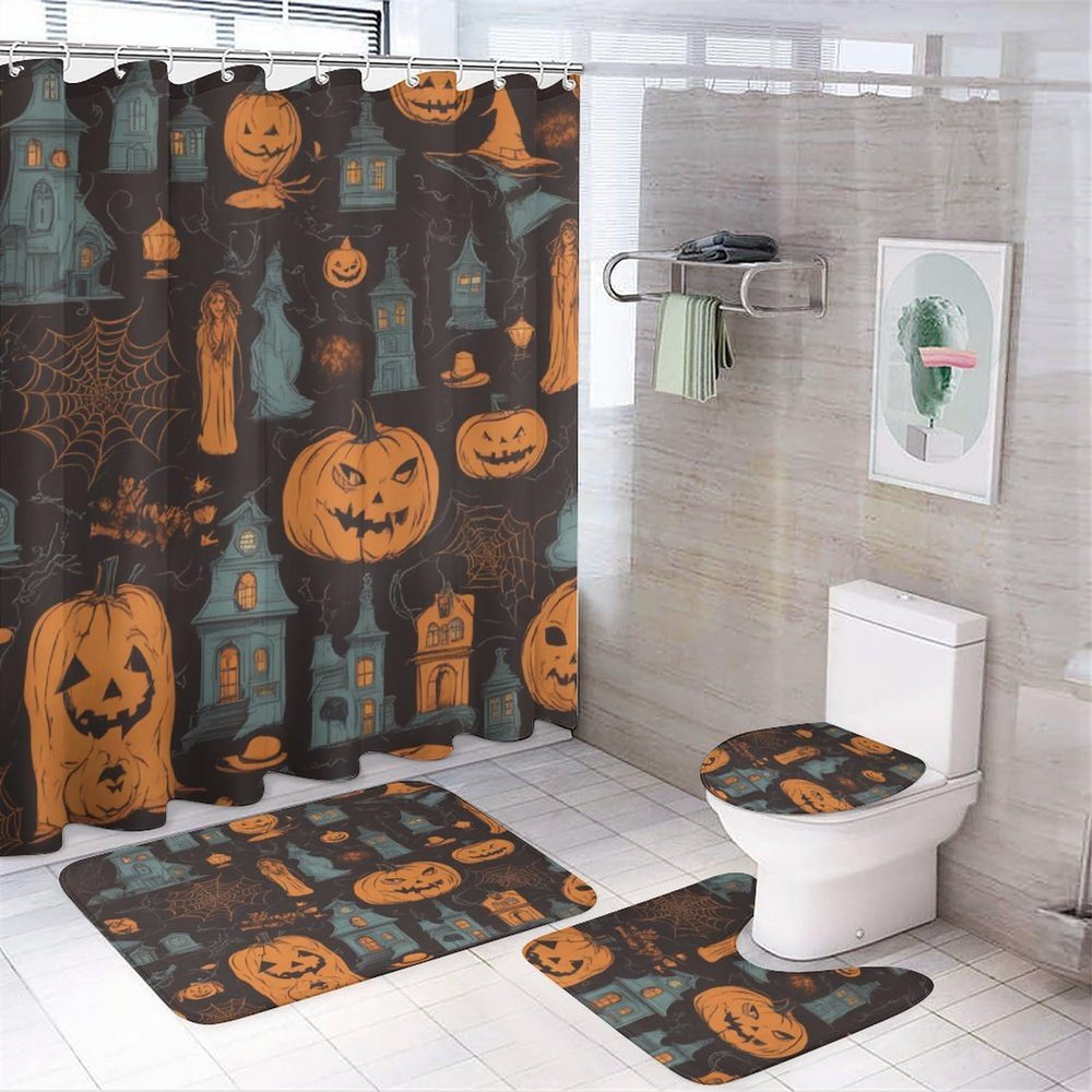 ZGDPBYF Halloween 3 Piece Bath Mats Horror Bat Spider Web Waterproof Non Slip Bath Mat Set, Washable Rug for Bathroom,-3-Piece Set