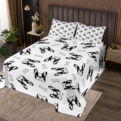 Manfei Cartoon Dogs Kids Bedspread King Size,Cute Animals Pets Lovely Toddler Coverlet Set,Girls Boys Adults Room Decor,Cute Bones Pugs Kawaii Quilted Coverlet,Black White Bedding Quilt,2 Pillowcases