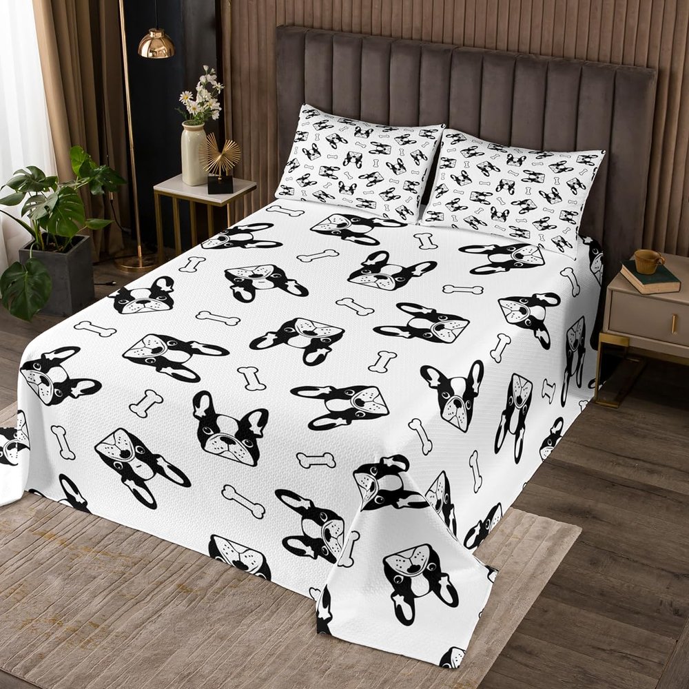 Manfei Cartoon Dogs Kids Bedspread King Size,Cute Animals Pets Lovely Toddler Coverlet Set,Girls Boys Adults Room Decor,Cute Bones Pugs Kawaii Quilted Coverlet,Black White Bedding Quilt,2 Pillowcases