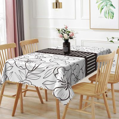 TTQYFNM 70x140inches Floral Rectangle Tablecloth Black and White Sketch Floral Printed Patchwork Table Cloth Spill Proof and Oil Proof Fabric Table Cover for Kitchen Dining Room Indoor Outdoor Decor