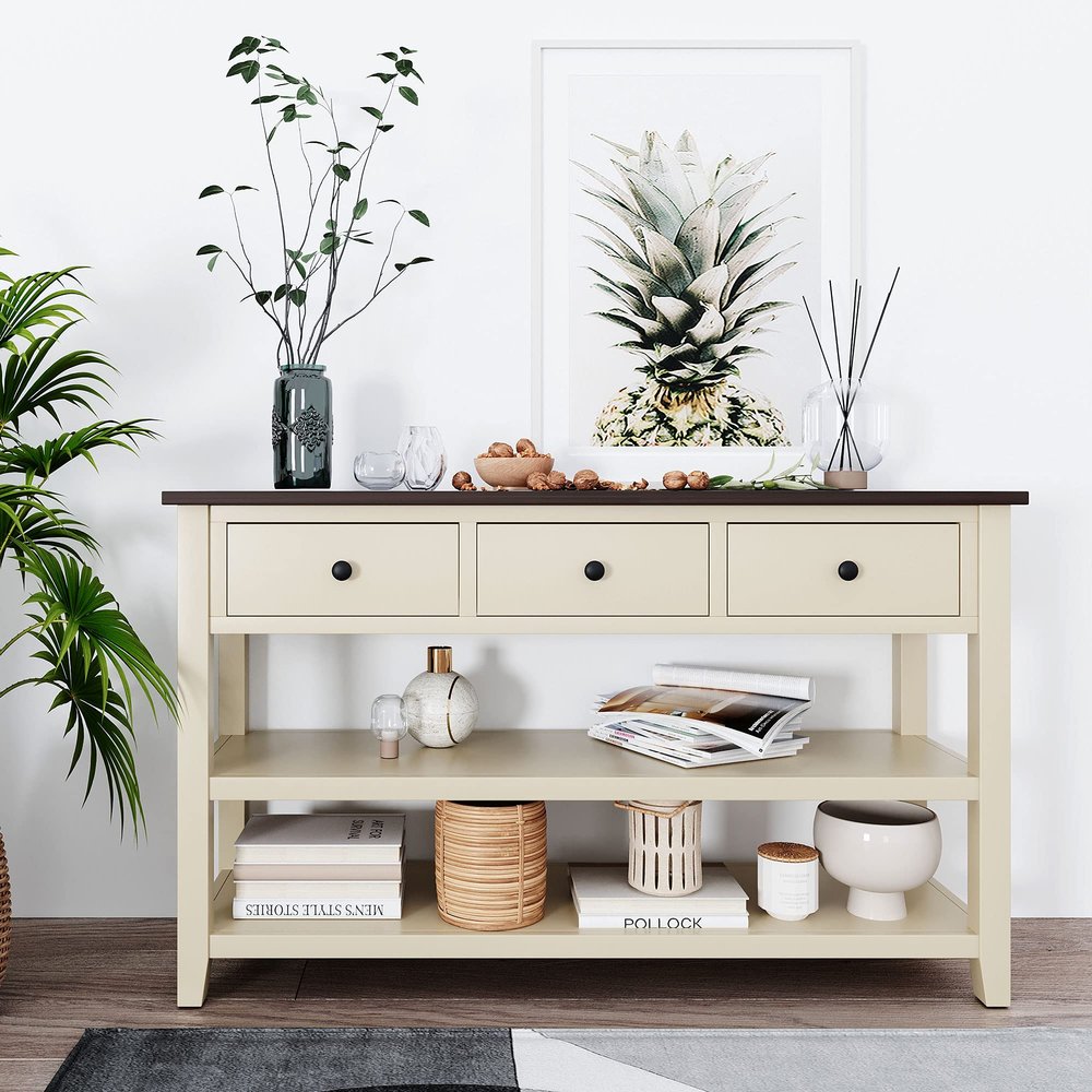 50" Retro Design Console Table Sofa Table with Three Drawers and Two Open Shelves, Solid Pine Wood Frame and Legs for Entryway, Hallway, Living Room. (Beige@1)