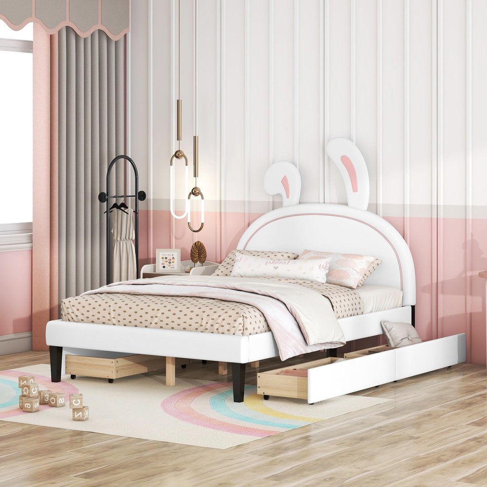 Tdewlye Playful Rabbit Design Full Size Upholstered PU Leather Platform Bed with Rabbit Ornament,4 Drawers,Wood Slat Support,for Kids Boy Girls, No Box Spring Needed (White-@A)
