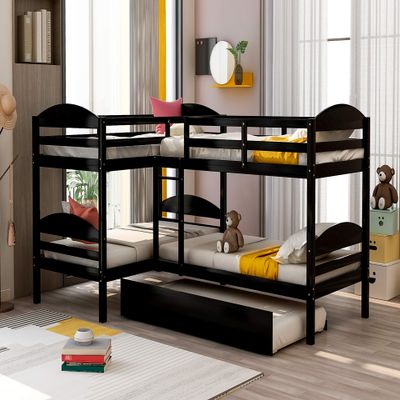 Hlcodca Twin Size L Shaped Bunk Bed with Trundle Bed Twin Over Twin Wood Bunk Bed Features 5 Twin Size Bed for Kids Teens, Wood Slat Support, No Box Spring Need (Espresso-01)