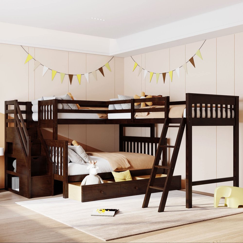 Hlcodca Modern L-Shaped Triple Bed, Twin Over Full Bunk Bed with Storage Staircase and 3 Drawers, Loft Bed Frame with Ladder and Safety Guardrail for Aldults Teens Kids, Maximized Space (Espresso-03)