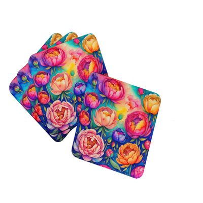 Caroline's Treasures Colorful Peonies Foam Coaster Set of 4 Cup Coasters for Indoor and Outdoor, Coaster for Tabletop Protection, Anti Slip, Mouse pad Material