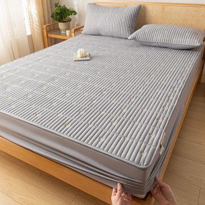 FCLDESHOP Fits Mattress Perfectly Soft Sheet,Thick Quilted Embroidered Mattress Protector, Soft Solid Color Fitted Sheets for Single Double King Size Bed,Grey 1,200X220cm