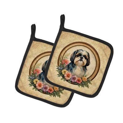 Caroline's Treasures Shih Tzu and Flowers Pair of Pot Holders Kitchen Heat Resistant Pot Holders Sets Oven Hot Pads for Cooking Baking BBQ, 7 1/2 x 7 1/2