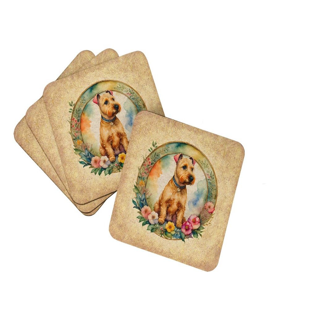 Caroline's Treasures Lakeland Terrier and Flowers Foam Coaster Set of 4 Cup Coasters for Indoor and Outdoor, Coaster for Tabletop Protection, Anti Slip, Mouse pad Material