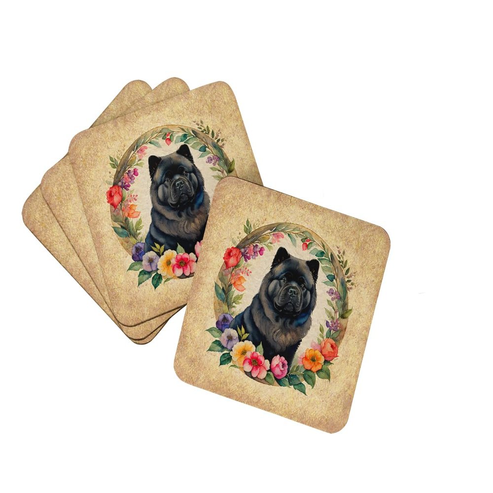 Caroline's Treasures Black Chow Chow and Flowers Foam Coaster Set of 4 Cup Coasters for Indoor and Outdoor, Coaster for Tabletop Protection, Anti Slip, Mouse pad Material