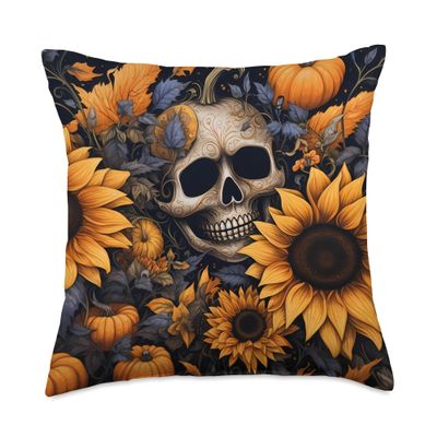 Halloween Pumpkin Skull Fall Design Skull Fall Pumpkin Halloween Sunflowers Skeleton Costume Throw Pillow, 18x18, Multicolor