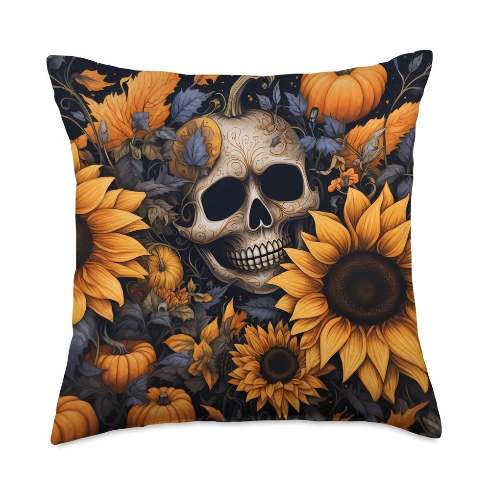 Halloween Pumpkin Skull Fall Design Skull Fall Pumpkin Halloween Sunflowers Skeleton Costume Throw Pillow, 18x18, Multicolor