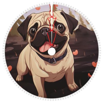 Cute Pug Christmas Tree Skirt with Pom Trim Christmas Tree Mat Xmas Tree Skirt Ornaments Soft Xmas Tree Holiday Ornaments Christmas Tree Decorations for Home Party