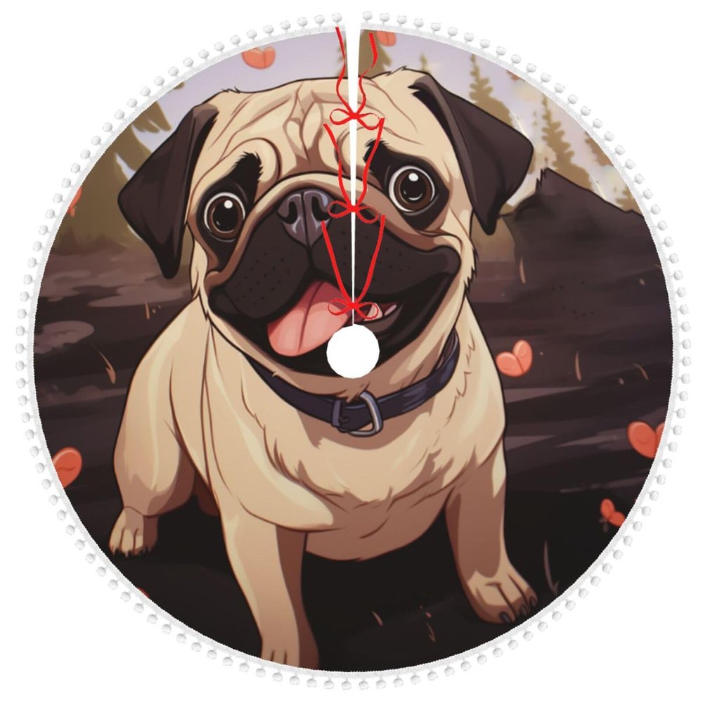 Cute Pug Christmas Tree Skirt with Pom Trim Christmas Tree Mat Xmas Tree Skirt Ornaments Soft Xmas Tree Holiday Ornaments Christmas Tree Decorations for Home Party