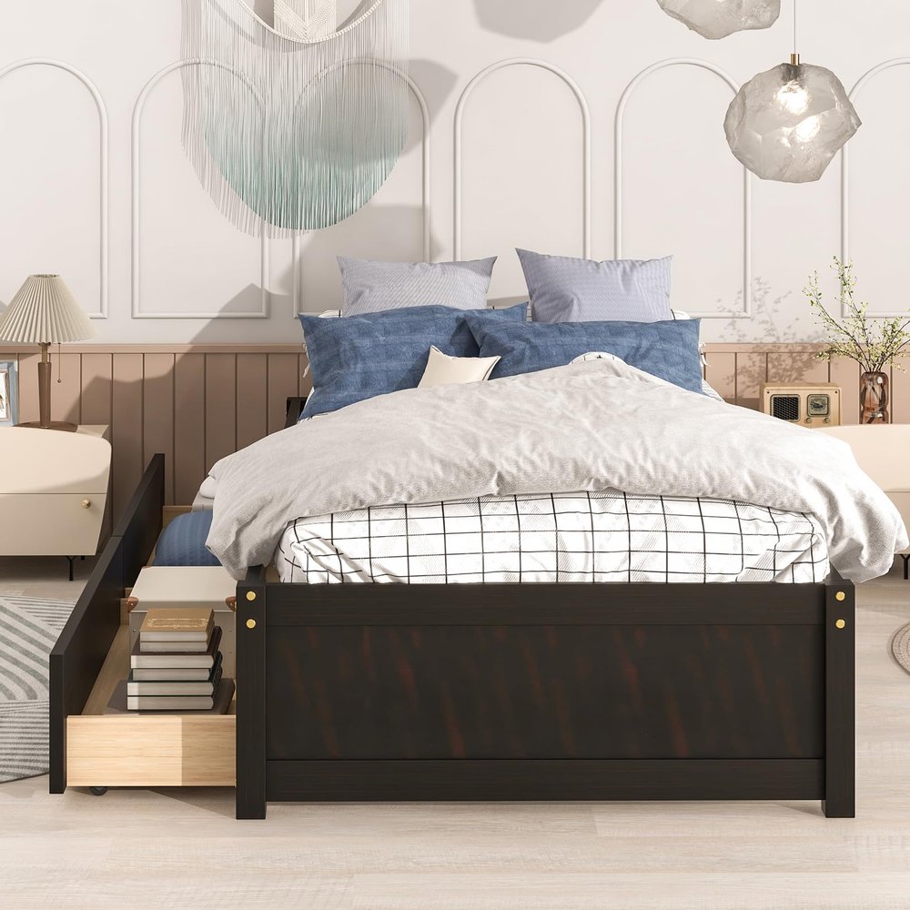 Twin Size Country Platform Bed Frames with 2 Storage Drawers, Modern Simple Platform Bed with Solid Wood Slat, Space Saving for Bedroom Small Living Space Boys Girls Adults Teens (Espresso)
